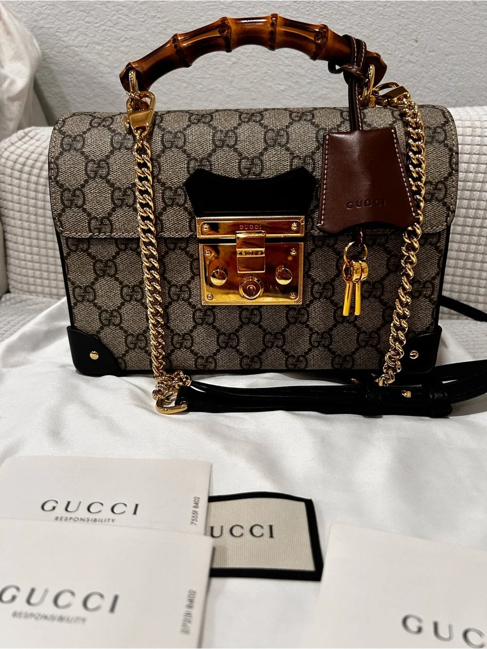 Authentic Gucci GG Monogram Supreme Padlock Small Satchel Bag